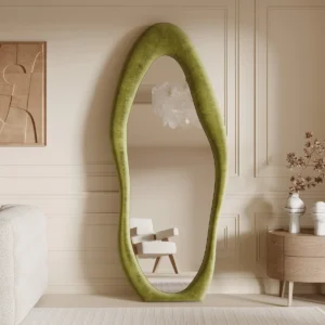 Green Velvet Wavy Floor Mirror